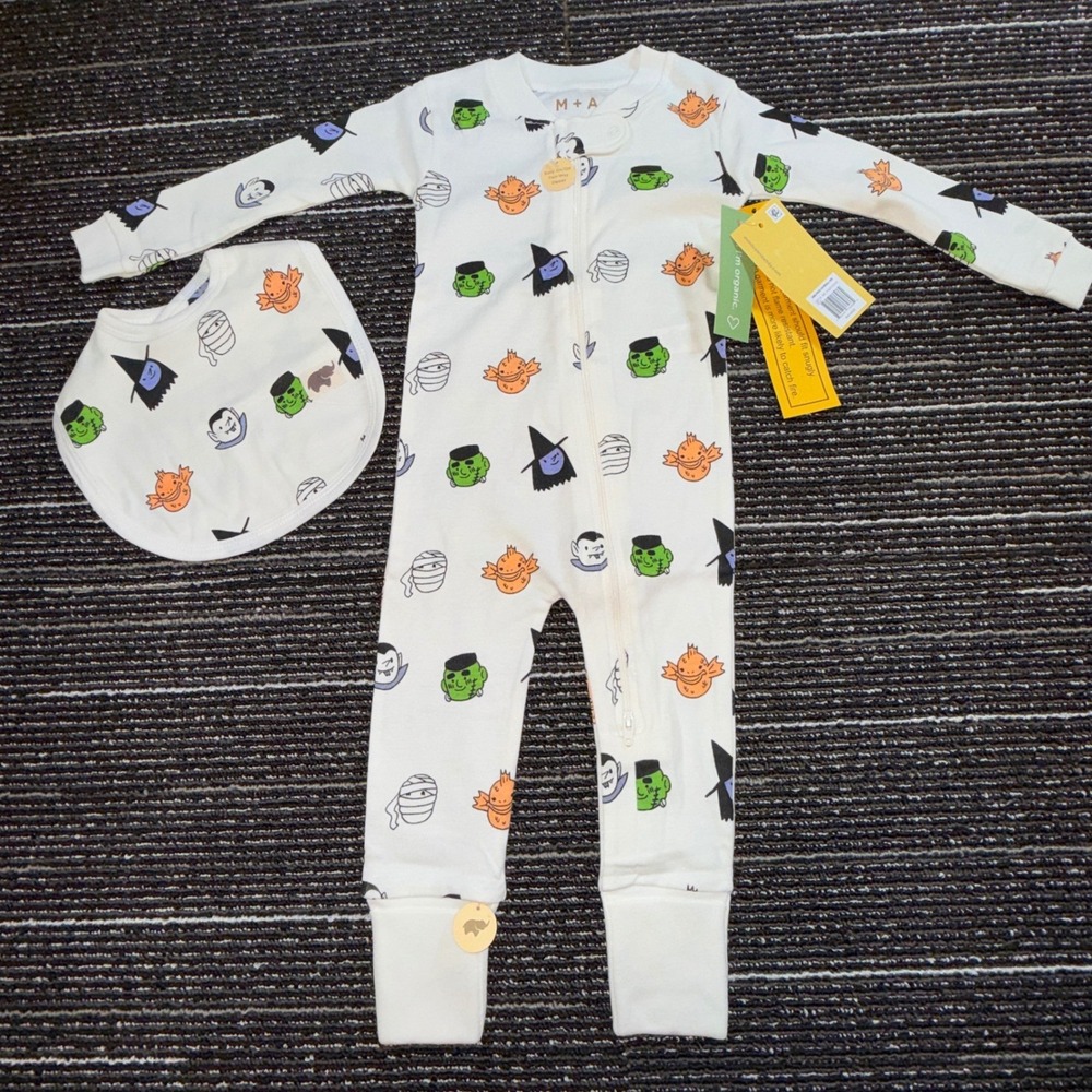 Monica + Andy Coverall Bib Set Kids 3-6M New Halloween Spooky Squad Organic